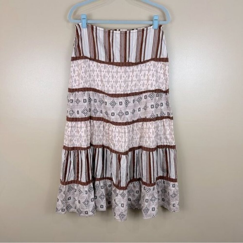 Vtg Central Falls Co Brown Crochet Trim Tiered Maxi Skirt Medium Peasant Prairie